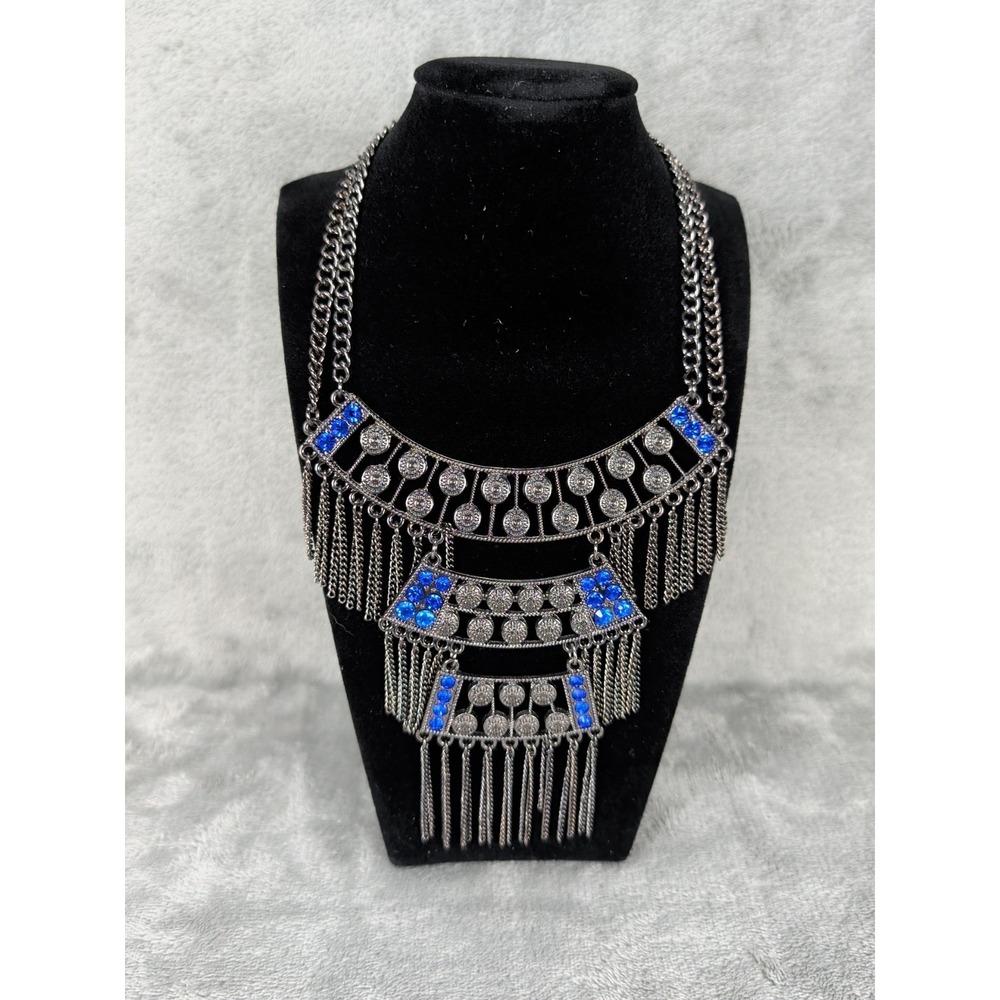 Guess Collar Statement Blue Rhinestone Jeweled Chains Dangle Necklace Gunmetal